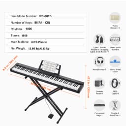 SucceBuy 88 Key Digital Piano Keyboard Semi Weighted Keys Full Size Electric Portable Keyboard Piano Set 1000Tones for Beginners