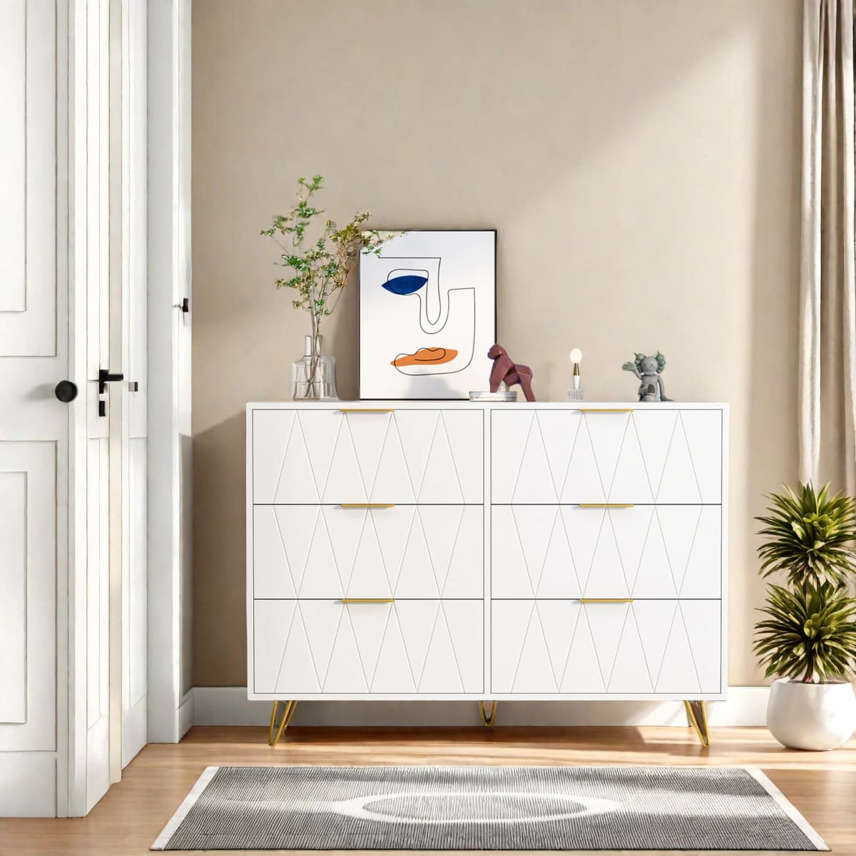 ROSAHQNDA 6-drawer chest of drawers, 4-drawer dresser, modern storage cabinet with metal legs, creative MDF storage cabinet