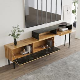 Modern TV Cabinet Stand with Marble and Wood Grain Design, PVC Edge, Iron Legs, Dark Wood Color, Home Decoration, Space Saving