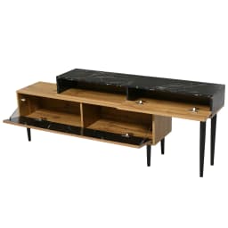 Modern TV Cabinet Stand with Marble and Wood Grain Design, PVC Edge, Iron Legs, Dark Wood Color, Home Decoration, Space Saving
