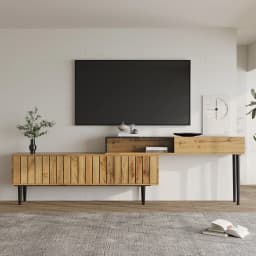 Modern TV Cabinet Stand with Marble and Wood Grain Design, PVC Edge, Iron Legs, Dark Wood Color, Home Decoration, Space Saving