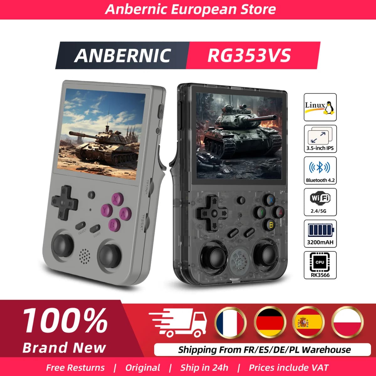 ANBERNIC RG353VS Retro Handheld Game Console Linux System RG3566 3.5 inch IPS Screen Video Game Player Support Streaming HD Out
