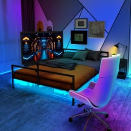 Upholstered Bed 90x200cm Black Gaming Bed with LED Lighting and Under-Bed Storage Basket Adjustable Bracket Metal Bed Frame