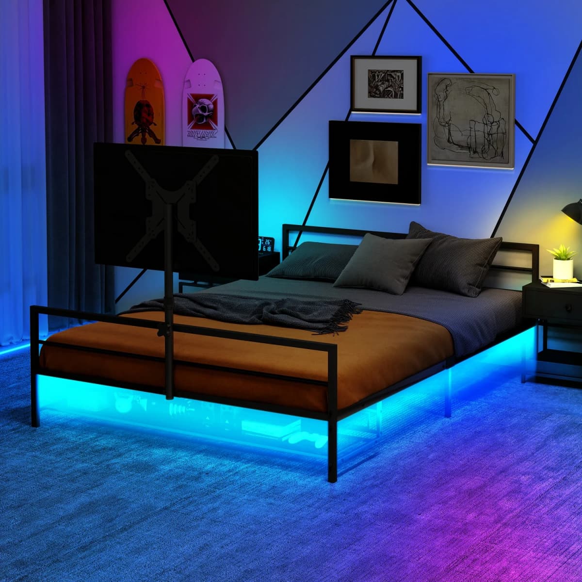 Upholstered Bed 90x200cm Black Gaming Bed with LED Lighting and Under-Bed Storage Basket Adjustable Bracket Metal Bed Frame