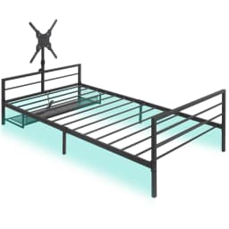 Upholstered Bed 90x200cm Black Gaming Bed with LED Lighting and Under-Bed Storage Basket Adjustable Bracket Metal Bed Frame