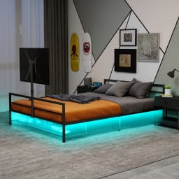 Upholstered Bed 90x200cm Black Gaming Bed with LED Lighting and Under-Bed Storage Basket Adjustable Bracket Metal Bed Frame