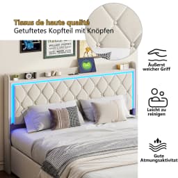 Anajqaqia Upholstered Double Bed 140x200cm with USB & LED Headboard Hydraulic Storage Bed Frame with Slatted Frame Velvet Beige