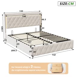 Anajqaqia Upholstered Double Bed 140x200cm with USB & LED Headboard Hydraulic Storage Bed Frame with Slatted Frame Velvet Beige
