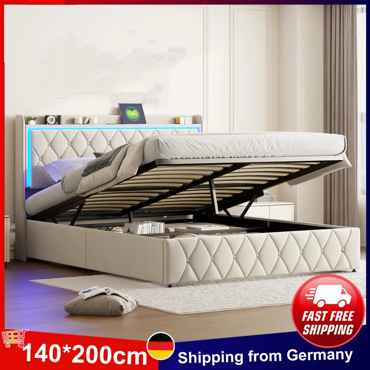 Anajqaqia Upholstered Double Bed 140x200cm with USB & LED Headboard Hydraulic Storage Bed Frame with Slatted Frame Velvet Beige