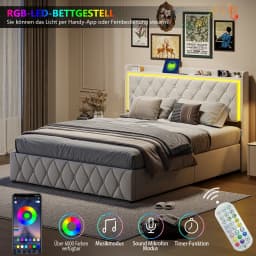 Anajqaqia Upholstered Double Bed 140x200cm with USB & LED Headboard Hydraulic Storage Bed Frame with Slatted Frame Velvet Beige