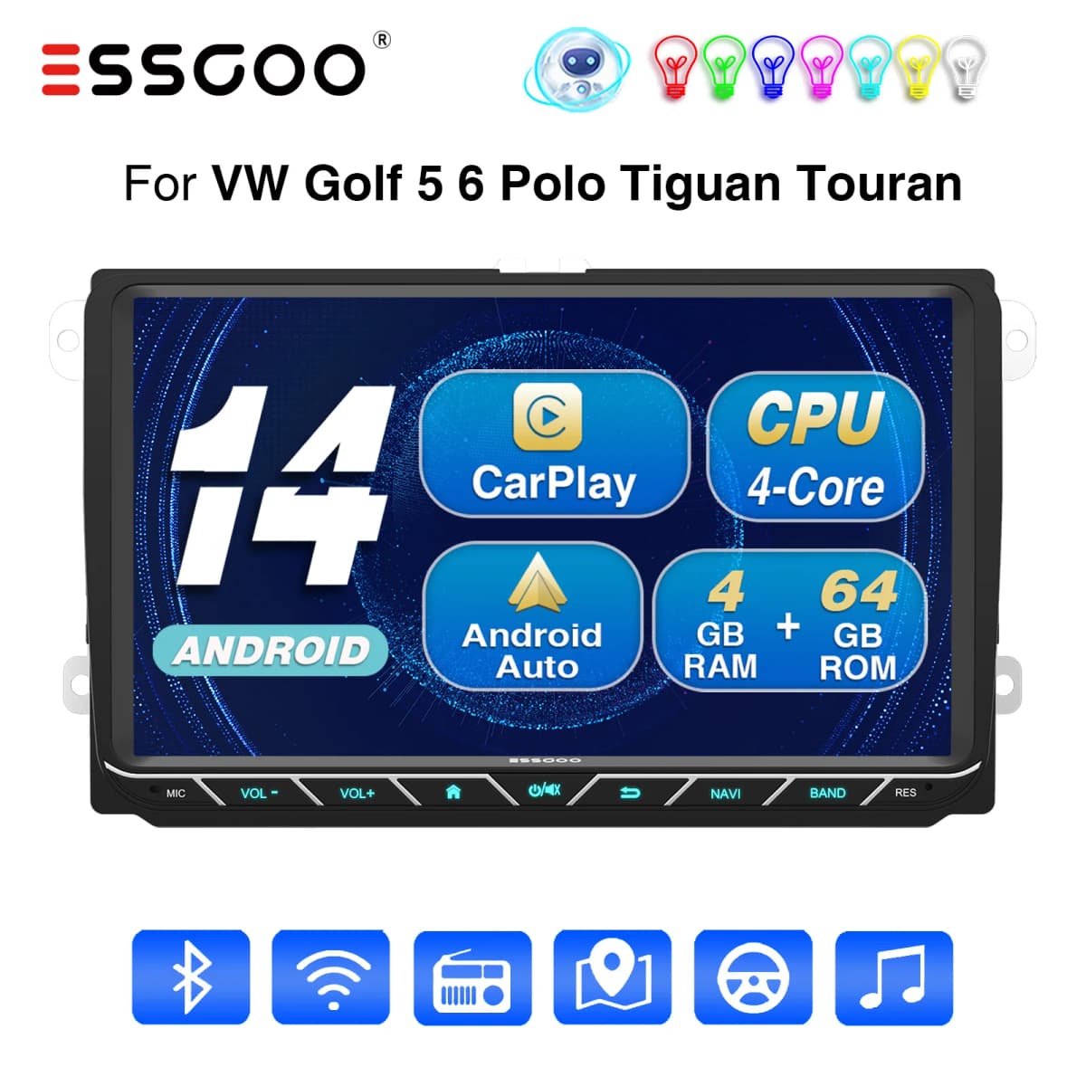 9" Android 14 Carplay Car Stereo Radio for VW Golf 5 6 Polo Passat Touran Tiguan Sharan Caddy GPS SAT NAV FM RDS BT USB AI Voice