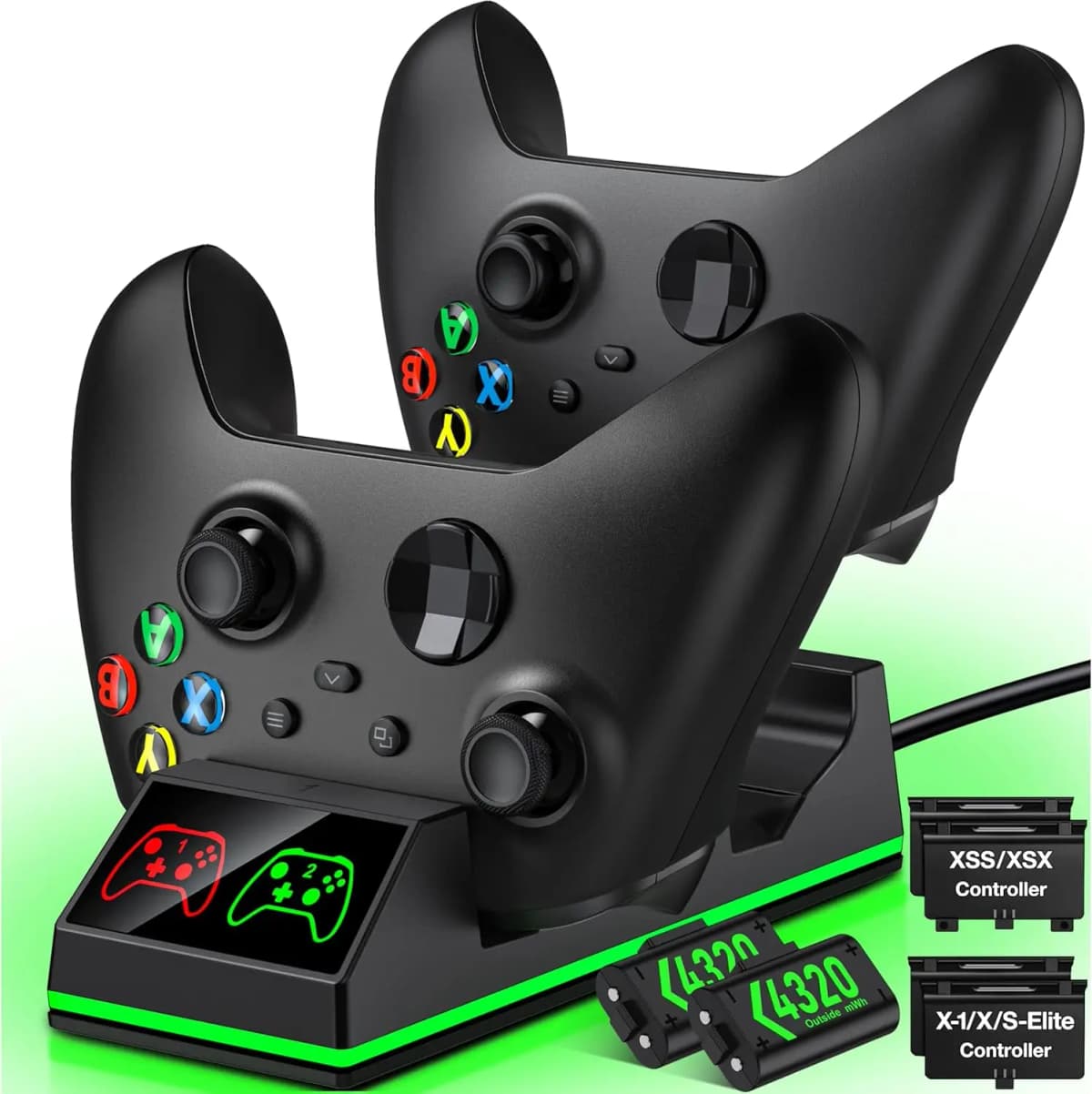DinoFire S06 Xbox Controller Battery Pack - 2x 1200mAh Rechargeable, High Speed Charging Station, Black