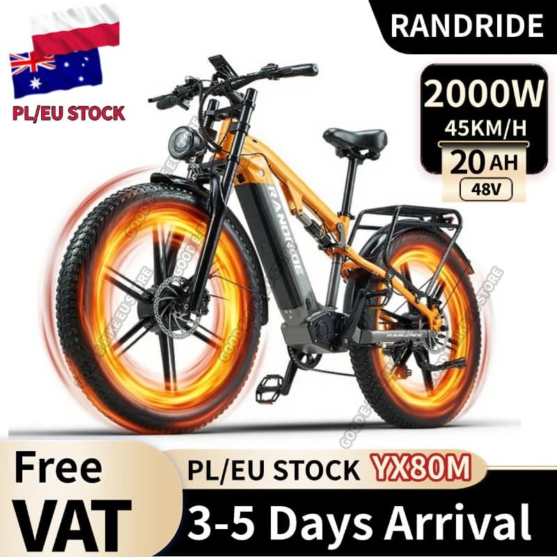 RANDRIDE YX80M 2000W Powerful Motor 48V20AH Battery Full Suspension System Electric Bicycle 26-Inch Fat Tires Electric Bike