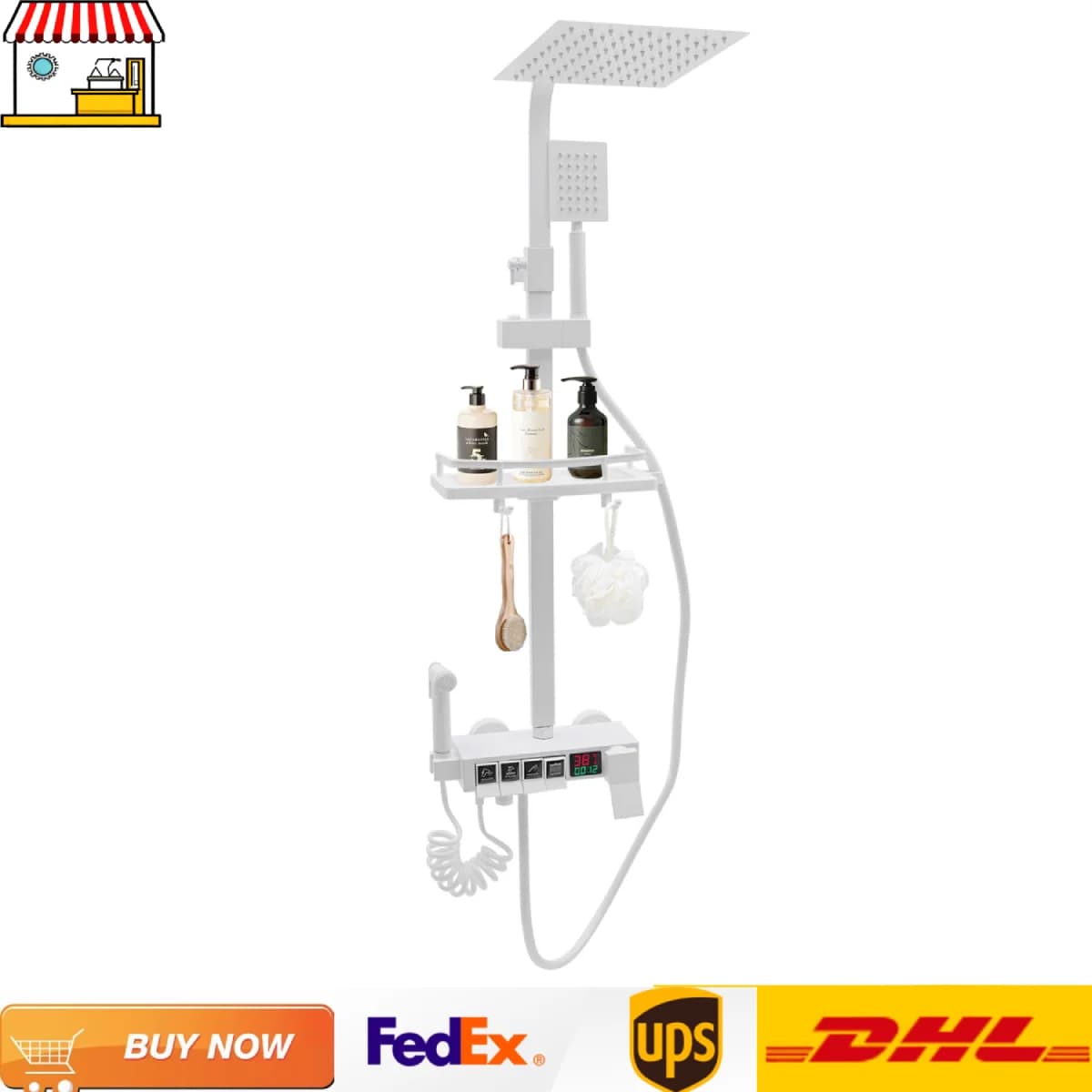 Modern White/Electroplated Digital Display Shower Faucet Set | Piano Style Rainfall Faucet W/ Storage