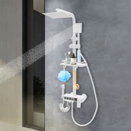 Modern White/Electroplated Digital Display Shower Faucet Set | Piano Style Rainfall Faucet W/ Storage