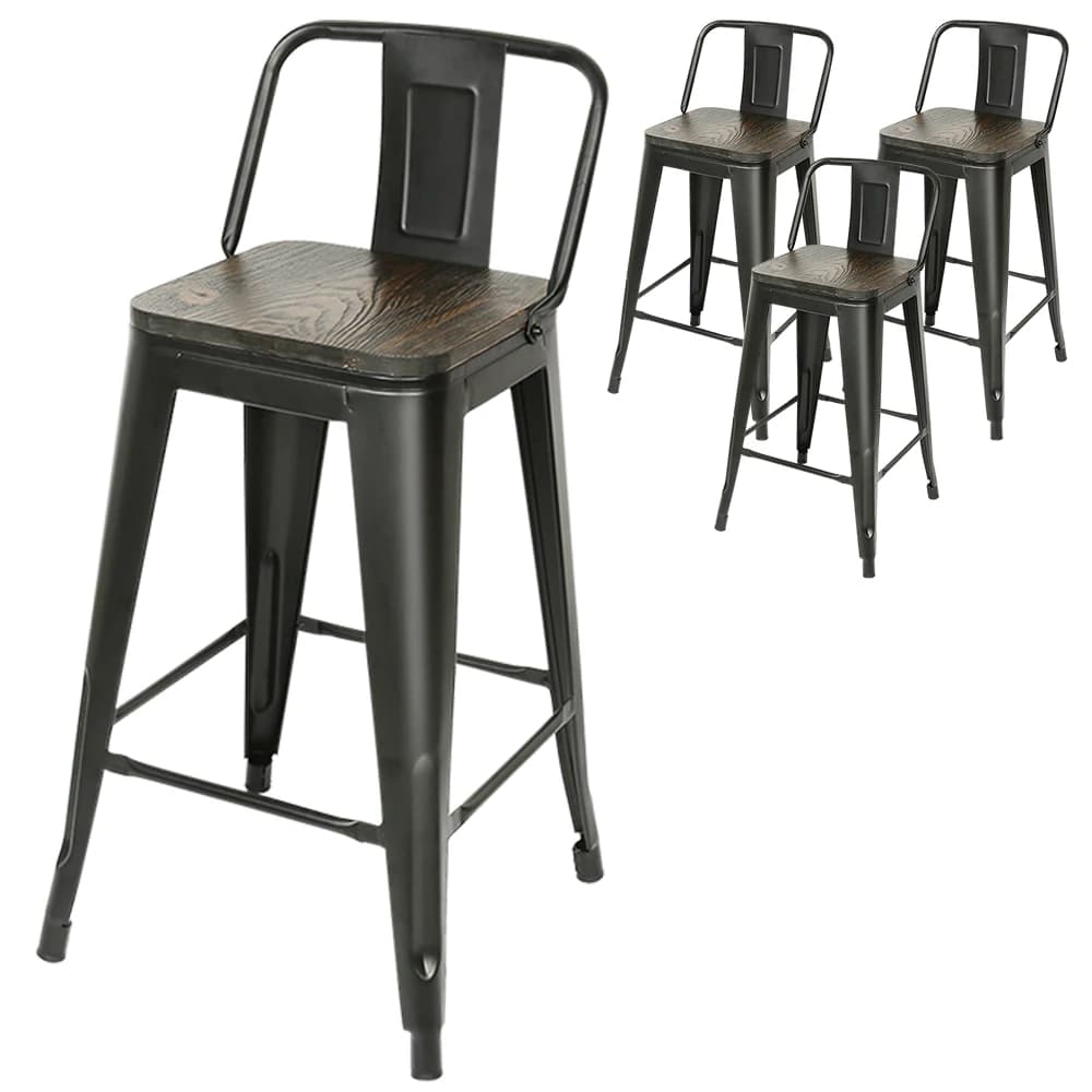 Set of 4 metal bar stools, 84 cm high, with backrest. Stackable vintage/industrial stool for bars, bistros, terraces & cafes