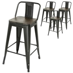 Set of 4 metal bar stools, 84 cm high, with backrest. Stackable vintage/industrial stool for bars, bistros, terraces & cafes