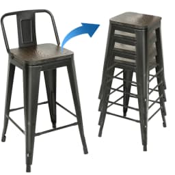 Set of 4 metal bar stools, 84 cm high, with backrest. Stackable vintage/industrial stool for bars, bistros, terraces & cafes
