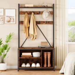 Hall Tree Tall Entryway Bench with Coat Rack Industrial Shoe Bench with 8 Hooks and Wall Shelf Shoe Storage for Hallway Bedroom