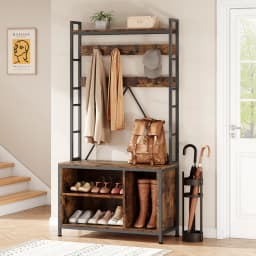 Hall Tree Tall Entryway Bench with Coat Rack Industrial Shoe Bench with 8 Hooks and Wall Shelf Shoe Storage for Hallway Bedroom