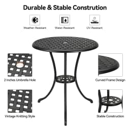 Compact 24" Round Cast Aluminum Bistro Table – Outdoor Coffee Table with Umbrella Hole, Rust-Resistant for Garden, Balcony