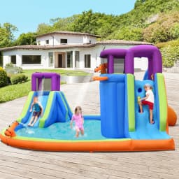 Bouncy Castle with Water Slide, Climbing Wall, 4 Sprinklers, 2 Water Cannons & Paddling Pools, Outdoor Water Park with Carry Bag