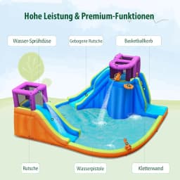 Bouncy Castle with Water Slide, Climbing Wall, 4 Sprinklers, 2 Water Cannons & Paddling Pools, Outdoor Water Park with Carry Bag