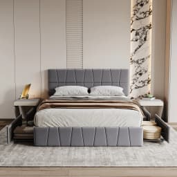 Rosahqnda Double Bed 140x200cm Upholstered Bed with Slatted Frame,4 Drawers & Headboard,Grey Velvet, Youth Bed Without Mattress