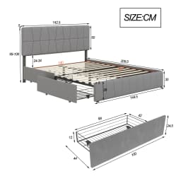 Rosahqnda Double Bed 140x200cm Upholstered Bed with Slatted Frame,4 Drawers & Headboard,Grey Velvet, Youth Bed Without Mattress