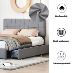 Rosahqnda Double Bed 140x200cm Upholstered Bed with Slatted Frame,4 Drawers & Headboard,Grey Velvet, Youth Bed Without Mattress