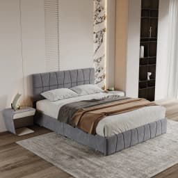 Rosahqnda Double Bed 140x200cm Upholstered Bed with Slatted Frame,4 Drawers & Headboard,Grey Velvet, Youth Bed Without Mattress
