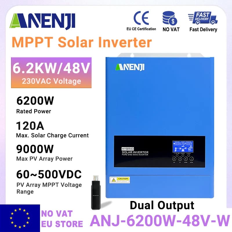 ANENJI 6.2KW Hybrid Solar Inverter 230V 48V Pure Sine Off Grid On Grid Inversor Dual Outputs 120A MPPT Solar Charge Controller With WIFI For PV Solar Panels