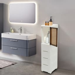 Bathroom Cabinet with Drawer Space-Saving Small Narrow Side Toilet Shelf Organizer Plastic Floor Corner Cabinet for Compact Room