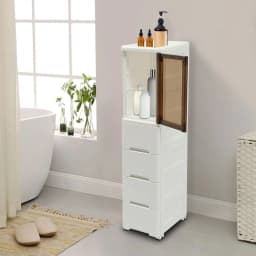 Bathroom Cabinet with Drawer Space-Saving Small Narrow Side Toilet Shelf Organizer Plastic Floor Corner Cabinet for Compact Room