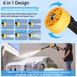 6in1 Wireless Car Wash Gun 30Bar High Pressure 1500mAh Battery 5M Hose Foam Kettle Cordless Car Washer for Home/Yard Cleaning