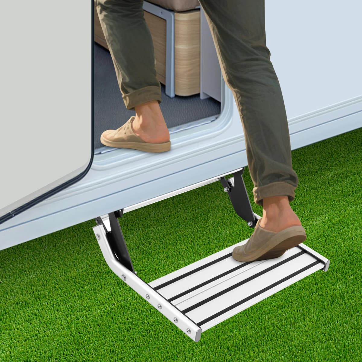 Manual RV Step 330lbs Capacity Entry Folding Step Motorhome Side Step Camping Anti-Slip Steps RV Mounting with Screws for RVs Travel Trailers Trucks