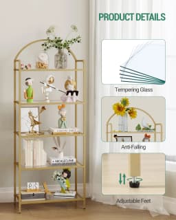 Shelf, Tempered Glass Bookcase, Slim Shelving Unit for Bedroom, Bathroom, Home Office, Steel Frame, 5 Shelves Gold