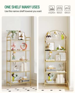Shelf, Tempered Glass Bookcase, Slim Shelving Unit for Bedroom, Bathroom, Home Office, Steel Frame, 5 Shelves Gold