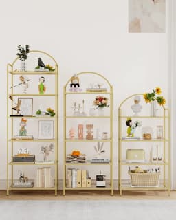 Shelf, Tempered Glass Bookcase, Slim Shelving Unit for Bedroom, Bathroom, Home Office, Steel Frame, 5 Shelves Gold