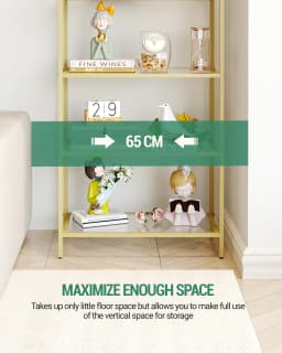Shelf, Tempered Glass Bookcase, Slim Shelving Unit for Bedroom, Bathroom, Home Office, Steel Frame, 5 Shelves Gold
