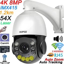 Max.512G Metal Laser Infrared Full Color Auto Tracking Cruise CamHi 8MP 4K 54X Optical Zoom Audio Speed PTZ Dome 2.4Ghz 5.0Ghz Rj45 WIFI IP Camera