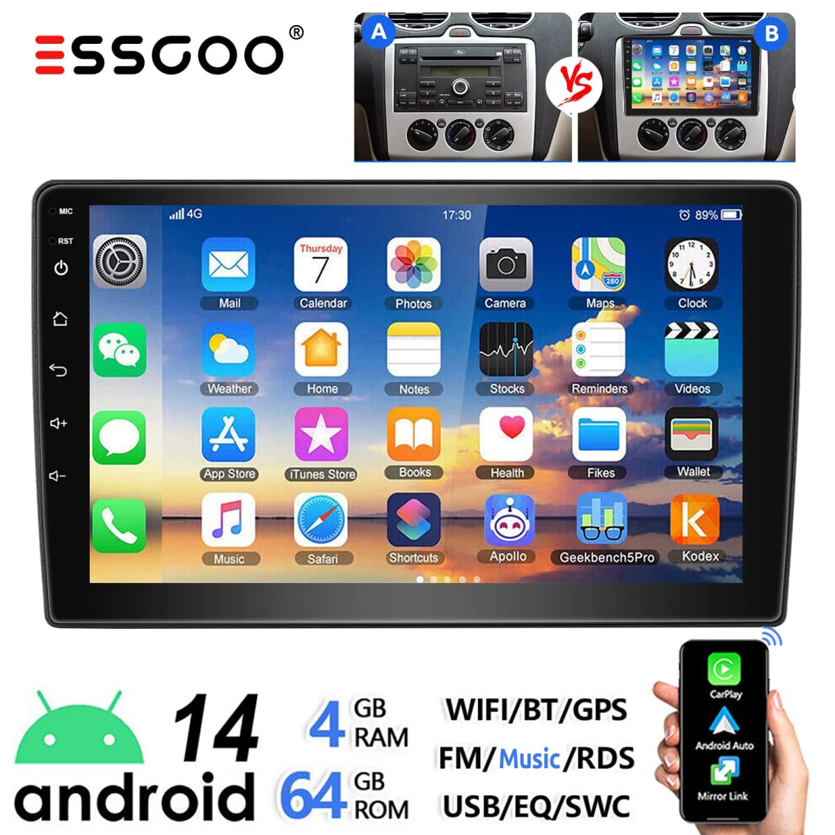 ESSGOO 9" Android 14 Carplay For Ford Transit Connect MK7 Focus Galaxy Fiesta C S Max Kuga Car Stereo GPS Nav Wifi RDS Bluetooth