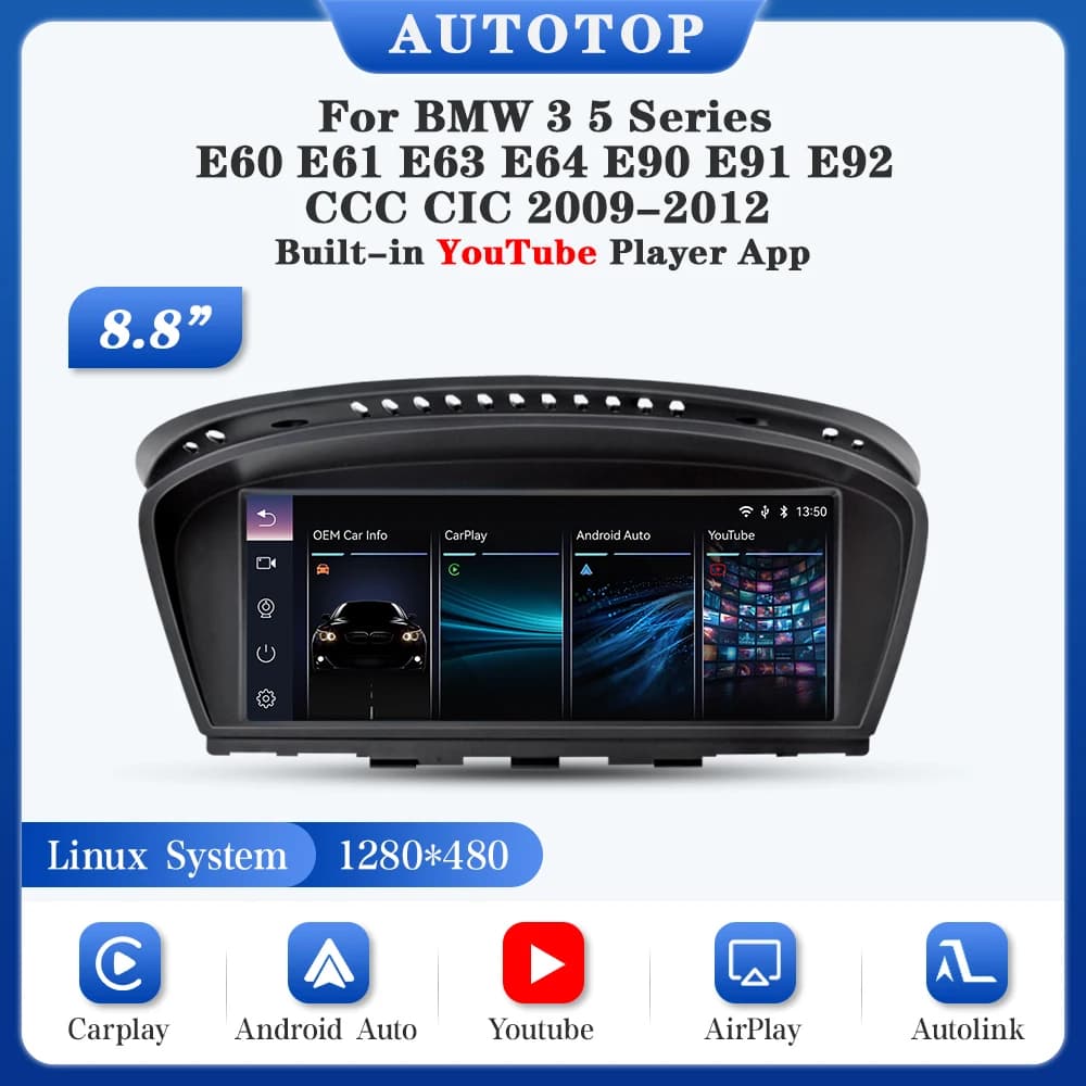 AUTOTOP 8.8“ CarPlay Android Auto Car Linux Multimedia Screen For BMW 5/3 Series E60/E61/E62/E63/E90/E91/E92/E93/M3 CCC CIC GPS