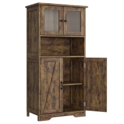 Bathroom Cabinet, White Freestanding Floor Linen Storage Cabinet, Kitchen Pantry Storage Cabinet with Glass Doors & Shelves