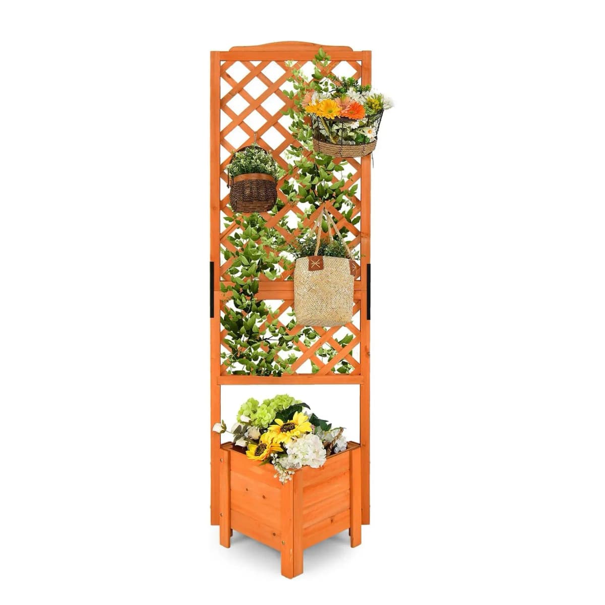 Flower Box with Wooden Trellis, Planter Box for Climbing Plants, Raised Bed with Trellis & Drainage Hole,Orange