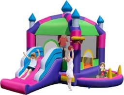 Bouncy Castle with Sun Canopy, Slide, Jumping Area, Basketball Hoop & Ring Toss Game,Bouncy Castle for Children,385x332.5x300cm