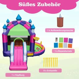 Bouncy Castle with Sun Canopy, Slide, Jumping Area, Basketball Hoop & Ring Toss Game,Bouncy Castle for Children,385x332.5x300cm
