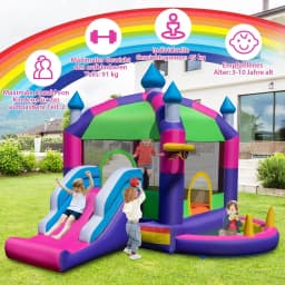 Bouncy Castle with Sun Canopy, Slide, Jumping Area, Basketball Hoop & Ring Toss Game,Bouncy Castle for Children,385x332.5x300cm
