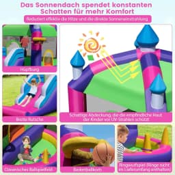 Bouncy Castle with Sun Canopy, Slide, Jumping Area, Basketball Hoop & Ring Toss Game,Bouncy Castle for Children,385x332.5x300cm