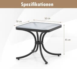 Side table, small garden table, weatherproof balcony table, square coffee table with tempered glass top,50 x 50 x 45 cm